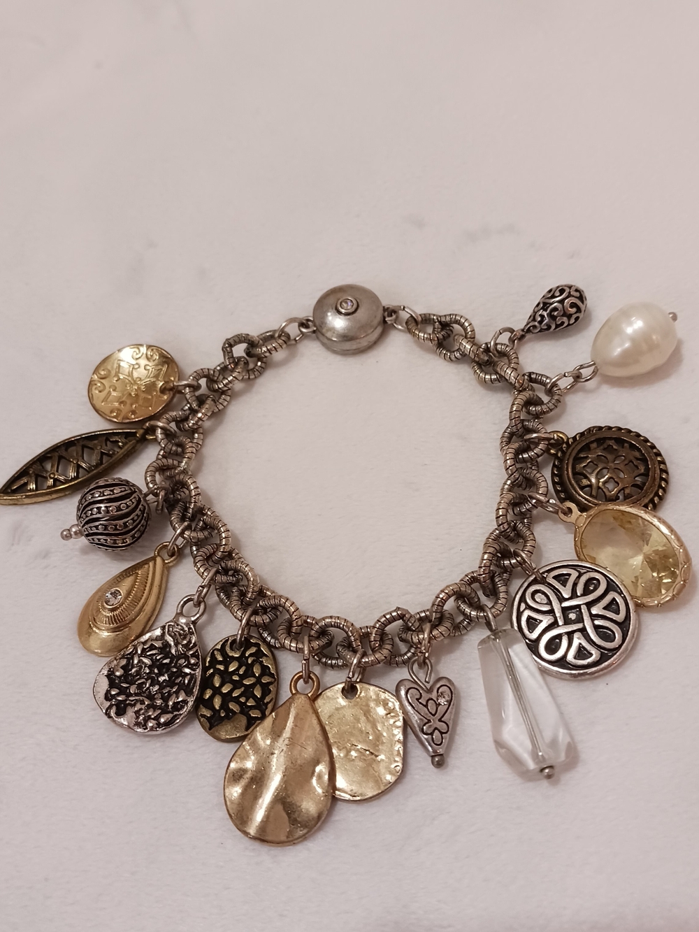 Chico's Mixed Gold & Silver Charm Bracelet with Pearl and Clear Accent